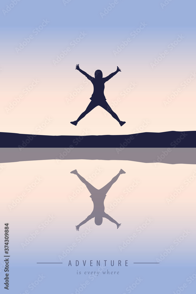 jumping happy girl by the lake at sunset vector illustration EPS10