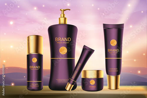 Purple skincare cosmetics series vector illustration. Realistic purple luxury bottles and packaging with golden labels on sunset background, cosmetology body or face skin care advertising poster