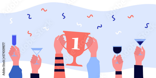 Hands holding golden cup with one digit or glasses. Drink, contest, champion flat vector illustration. Celebration and winning concept for banner, website design or landing web page