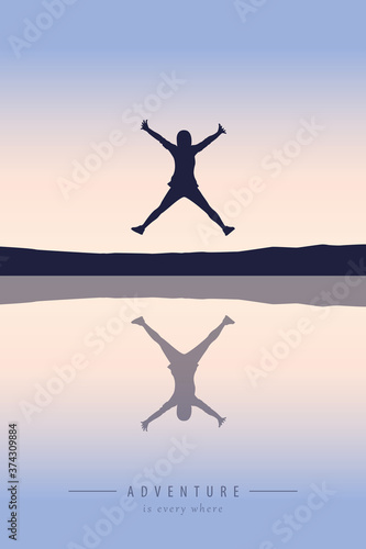 jumping happy girl by the lake at sunset vector illustration EPS10