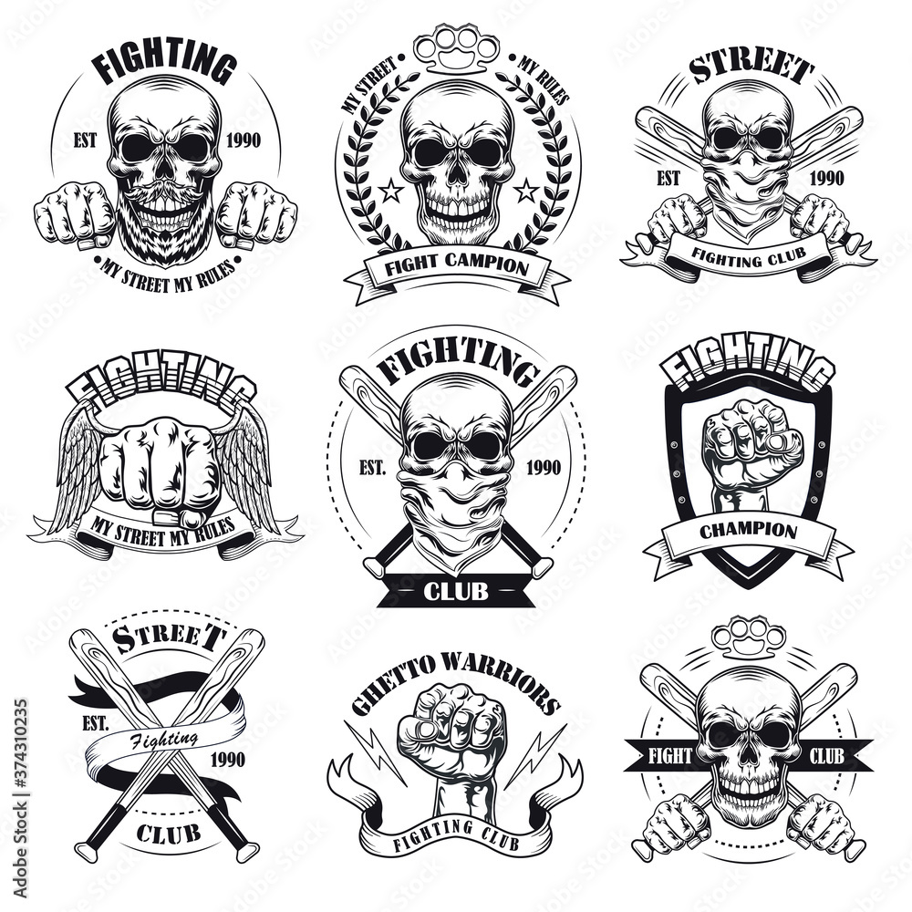 Vintage gangsta tattoo flat emblems set. Black monochrome labels or signs for street gangs with skulls, guns and fist vector illustration collection. Fighting club and aggression concept