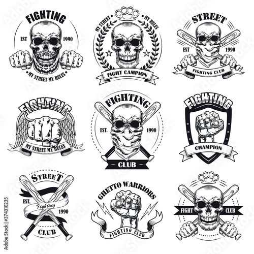 Vintage gangsta tattoo flat emblems set. Black monochrome labels or signs for street gangs with skulls  guns and fist vector illustration collection. Fighting club and aggression concept
