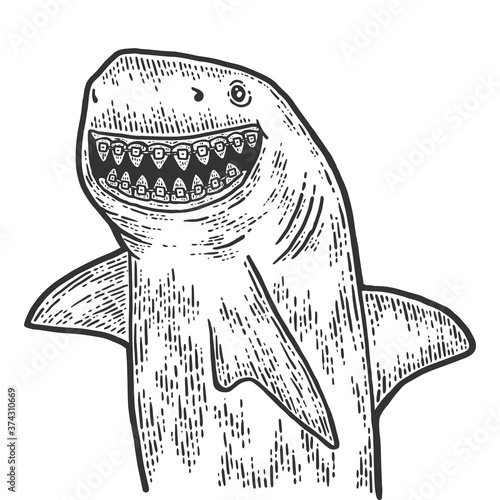 Children dentistry, shark with dental braces. Sketch scratch board imitation.