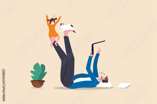 Work from home due to Coronavirus COVID-19 pandemic concept, businessman lay down working at home using laptop and headset for conference call meeting and take care his daughter child playing with cat