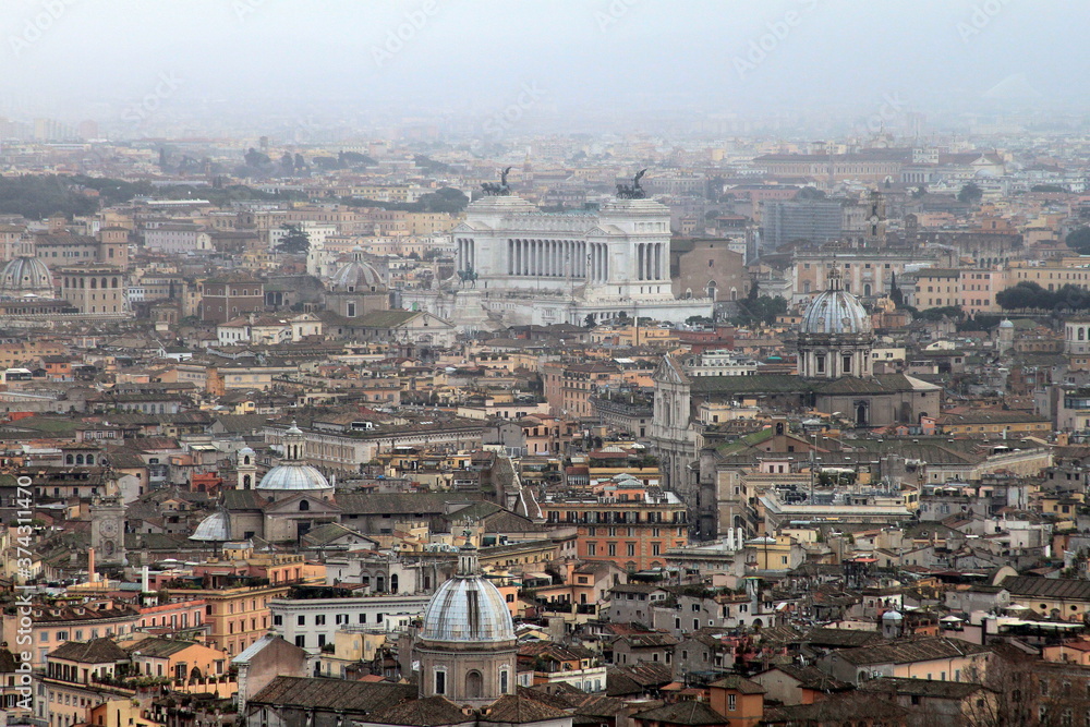 Aerial panoramic view of Rome, Italy. Beautiful Rome skyline in summer. Scenic panorama of Roma city from above.