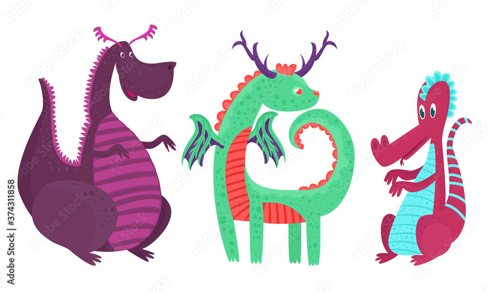 Obraz premium Cartoon Dragons with Wings, Pikes and Tails Vector Set