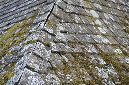 Historische verwitterte Dachschindeln aus Holz mit Moos und Flechten bewachsen