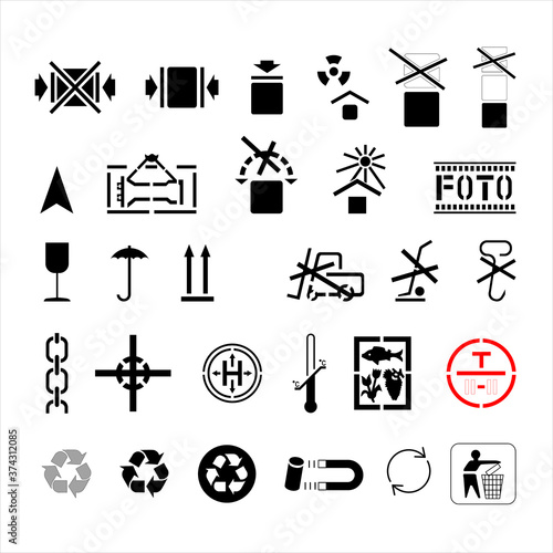 A set of vector symbols marking cargo on boxes, bags, and packaging. Isolated. Cargo marking. The symbols packages