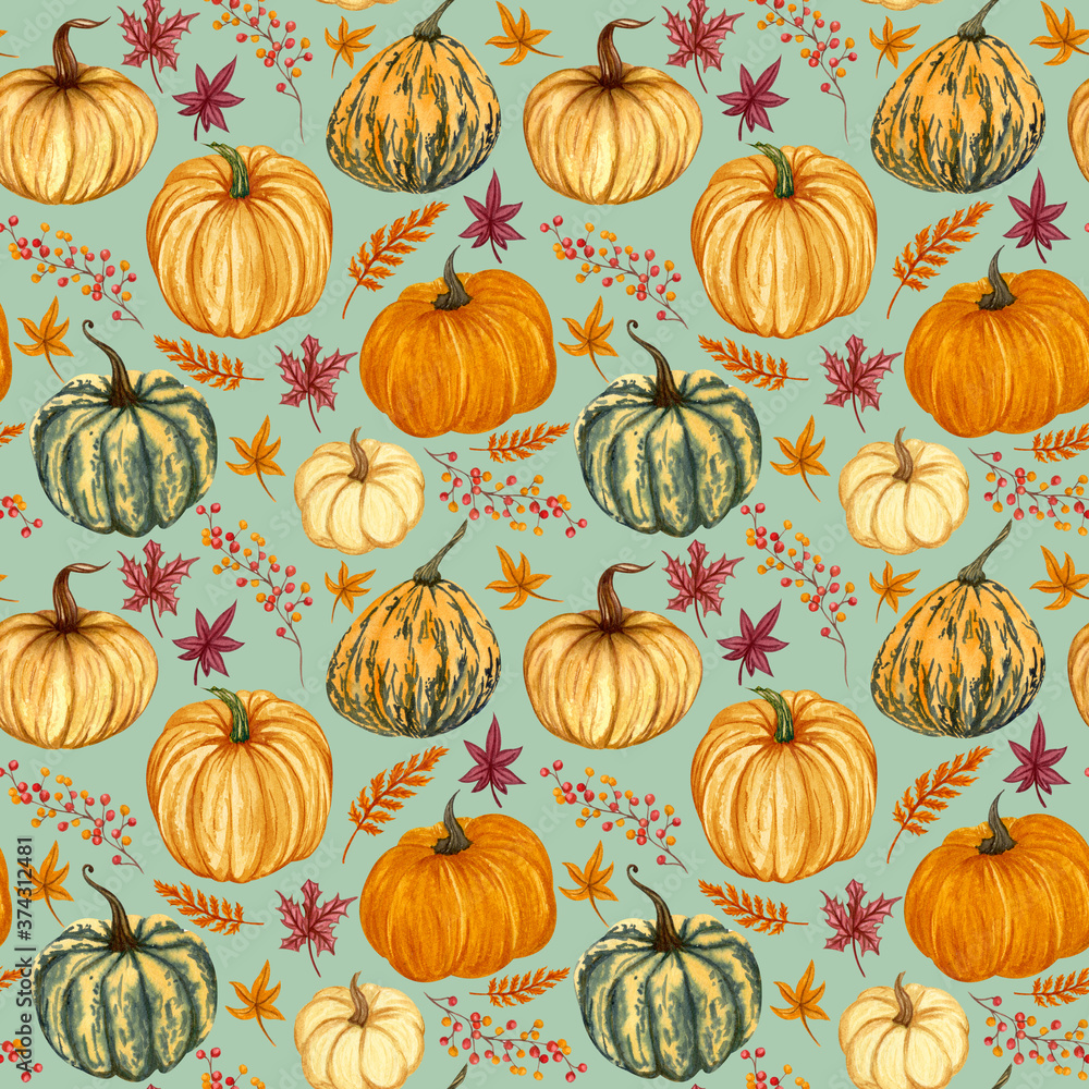 Watercolor pumpkins seamless pattern. Hand drawn autumn pumpkin with floral twigs. Fall background. Watercolor pumpkins seamless pattern. Hand drawn autumn pumpkin with floral twigs. Fall background.