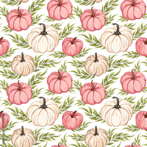 Watercolor pumpkins seamless pattern. Hand drawn autumn pumpkin with floral twigs. Fall background.