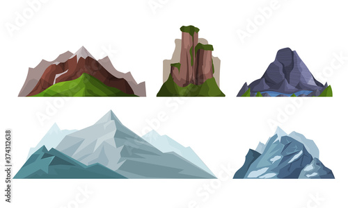 Mountain Peaks and Rocky Hill with Ridges Vector Set
