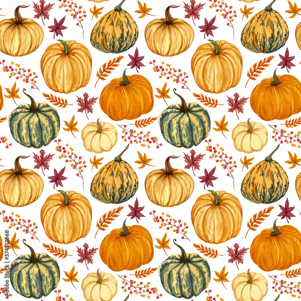 Autumnal Seamless Pattern Pumpkins Leaves On Stock Vector (Royalty Free)  1831137316