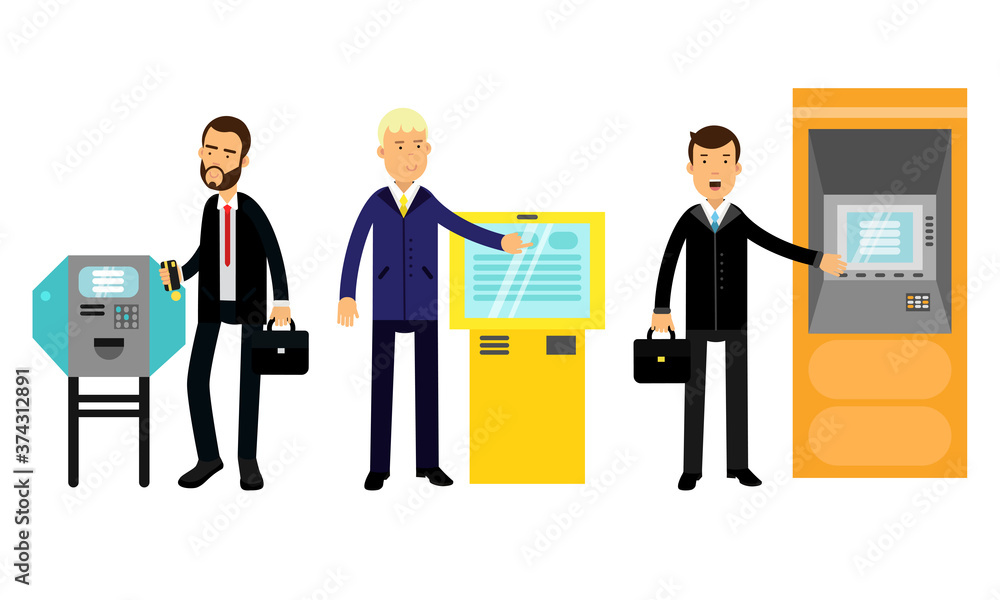 Young Man Characters Using Electronic Self Service Terminals and ATM Machine Vector Illustration Set Young Man Characters Using Electronic Self Service Terminals and ATM Machine Vector Illustration Set
