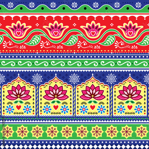 Indian or Pakistani truck art floral seamless vector pattern, Jingle trucks vibrant repetitive design,  vivid ornament with lotus flowers and abstract shapes
 