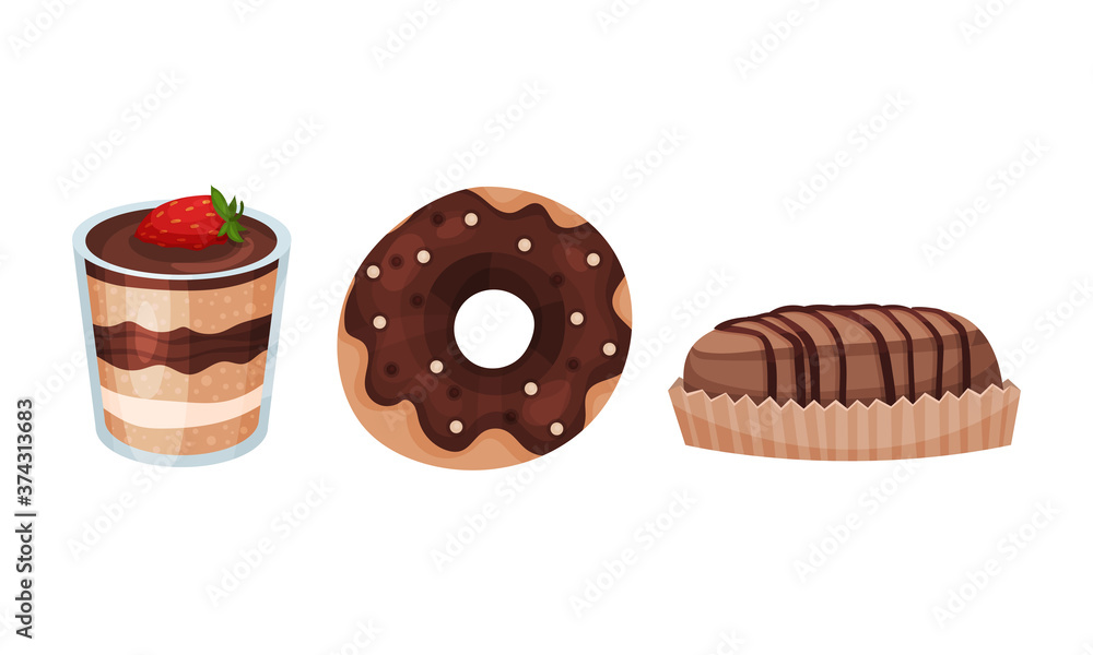 Sweet and Sugary Chocolate Desserts with Doughnut and Cake Vector Set Sweet and Sugary Chocolate Desserts with Doughnut and Cake Vector Set