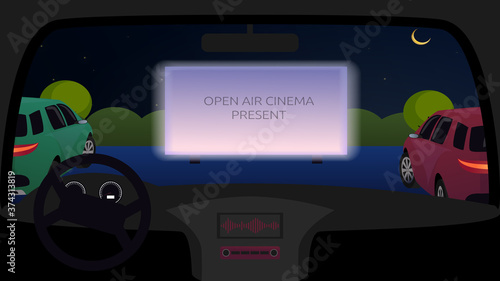 Watching a movie from the car. Cinema on the street for cars. People are watching film. Open air evening entertainment for lovers. Inside view. Vector