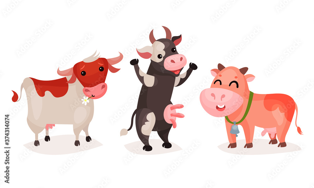 Obraz premium Funny Spotted Cow with Horns Grazing Vector Set