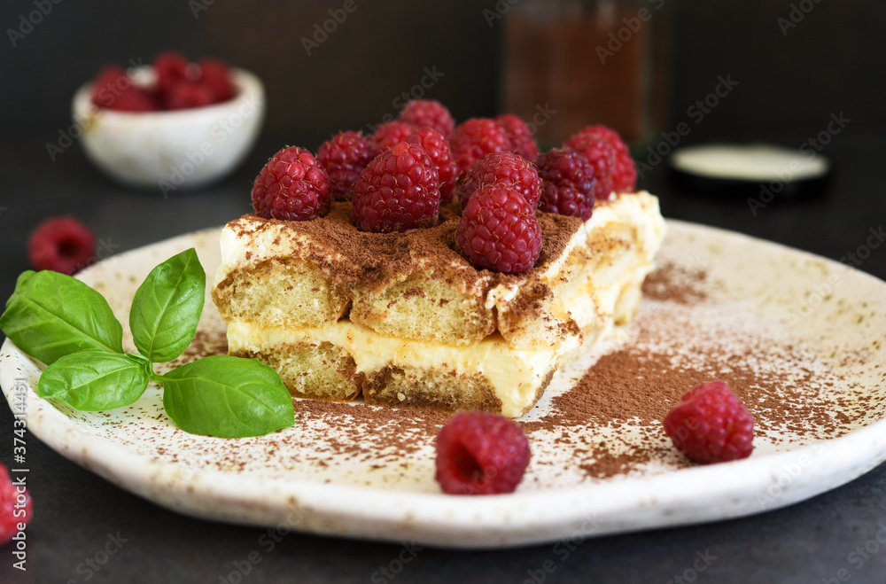 Tiramisu with raspberries on a dark concrete background. The classic Italian dessert is tiramisu. Tiramisu with raspberries on a dark concrete background. The classic Italian dessert is tiramisu.