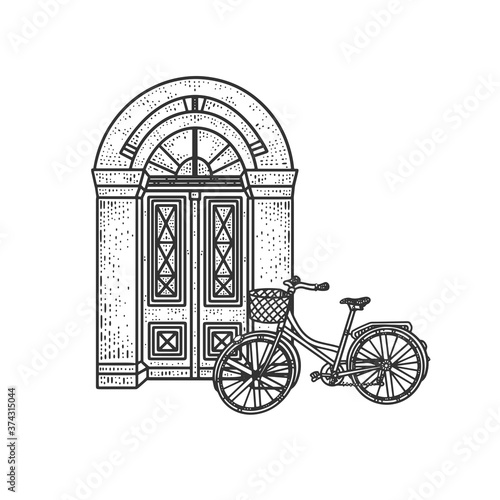 Bicycle is parked near the front door of the house sketch engraving vector illustration. T-shirt apparel print design. Scratch board imitation. Black and white hand drawn image.