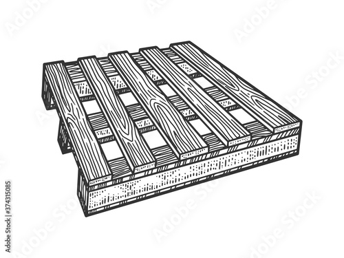 Pallet wooden skid board sketch engraving vector illustration. T-shirt apparel print design. Scratch board imitation. Black and white hand drawn image.