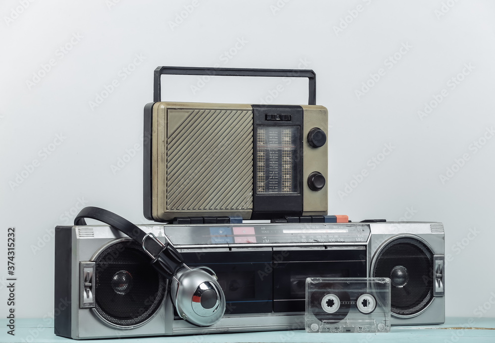 80s Retro outdated portable stereo cassette recorder and radio receiver