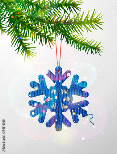 Christmas tree branch with knitted snowflake symbol. Crocheted snow sign hanging on pine twig. Vector image for christmas, new years day, decoration, winter holiday, design, new years eve, etc