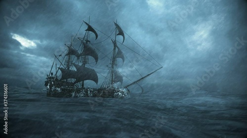 ship sailing in the ocean in a storm with rain and lightning, 3d animation photo