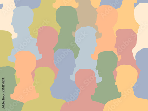 Diverse multicultural group of people standing together (europian, asian, american). Human social diversity crowd vector illustration. Concept of diversity men and women silhouettes.