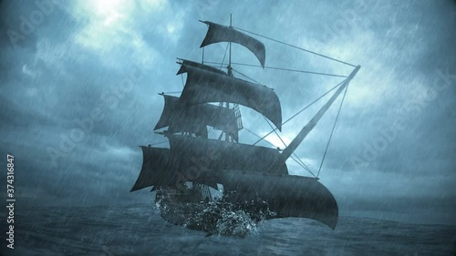 ship sailing in the ocean in a storm with rain and lightning, 3d animation photo