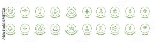 Organic and natural cosmetic line icon big set. Hypoallergenic, safe for children, clean cosmetic, non toxic. GMO free emblems. Vegan, bio food. Organic products badges. Vector illustration