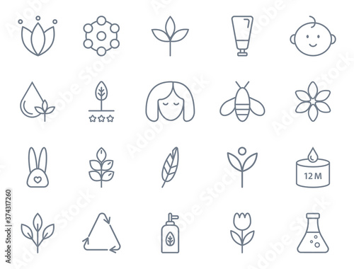 Natural organic cosmetic line icons big set. Hypoallergenic, safe for children, clean cosmetic, cruelty free, non toxic. Organic products badges. Vegan, bio food. GMO free emblem. Vector illustration