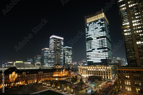 Beautiful night view in the big city, Tokyo station, Japan.