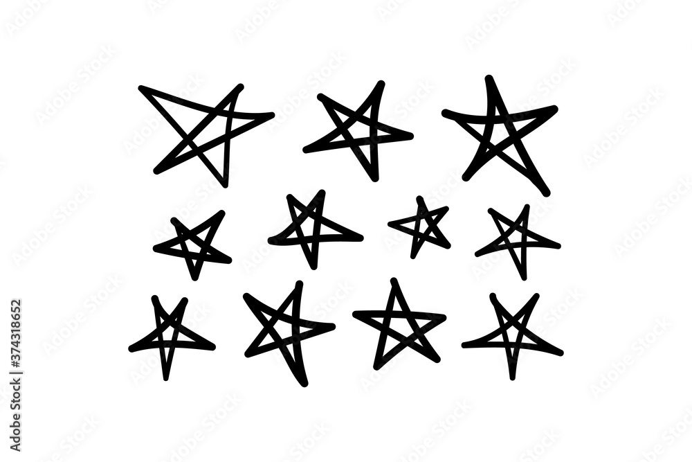 Obraz premium Vector set of hand drawn stars. Black stars isolated on white background. Grunge art and doodle style brushes.
