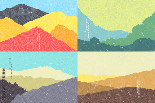 Vector illustration landscape. Summer season. Forest, valley, mountain peak. Vacation concept. Cartoon abstraction. Scenery. Simple wallpapers. Vintage background collection. 