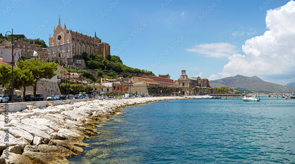 Panoramic landscape of the city of Gaeta with the Church of San Francesco D’Assisi from the coast. Italy