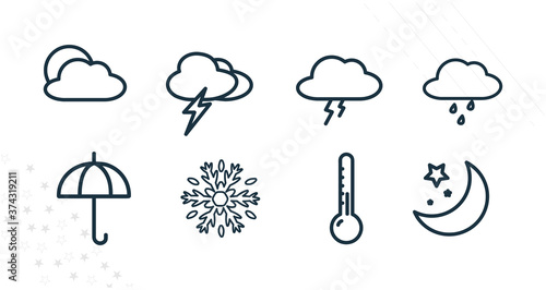 Weather forecast line icon set with sun, rain, clouds, sun