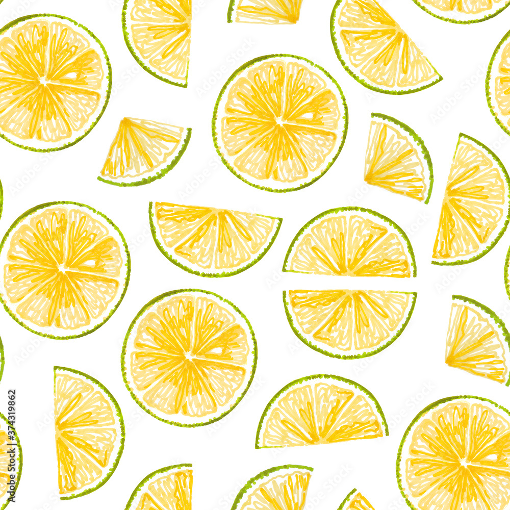 Hand drawn watercolor illustrations of green lime fruits with leaves seamless pattern