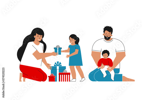 Vector isolated flat concept. Cartoon latin american family are celebrating Holidays. Girl receives gift box from mom, daddy sits with baby. Template to design New year, Merry Christmas greeting cards