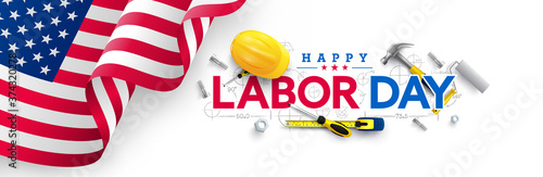 Labor Day poster template.USA Labor Day celebration with American flag,Safety hard hat and Construction tools.Sale promotion advertising Poster or Banner for Labor Day