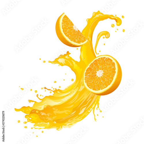 Orange juice splash with fresh oranges. Vector illustration. 