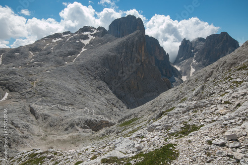 Panoramic view of Pale di San Martino from Pale plateau in Trentino, Italy