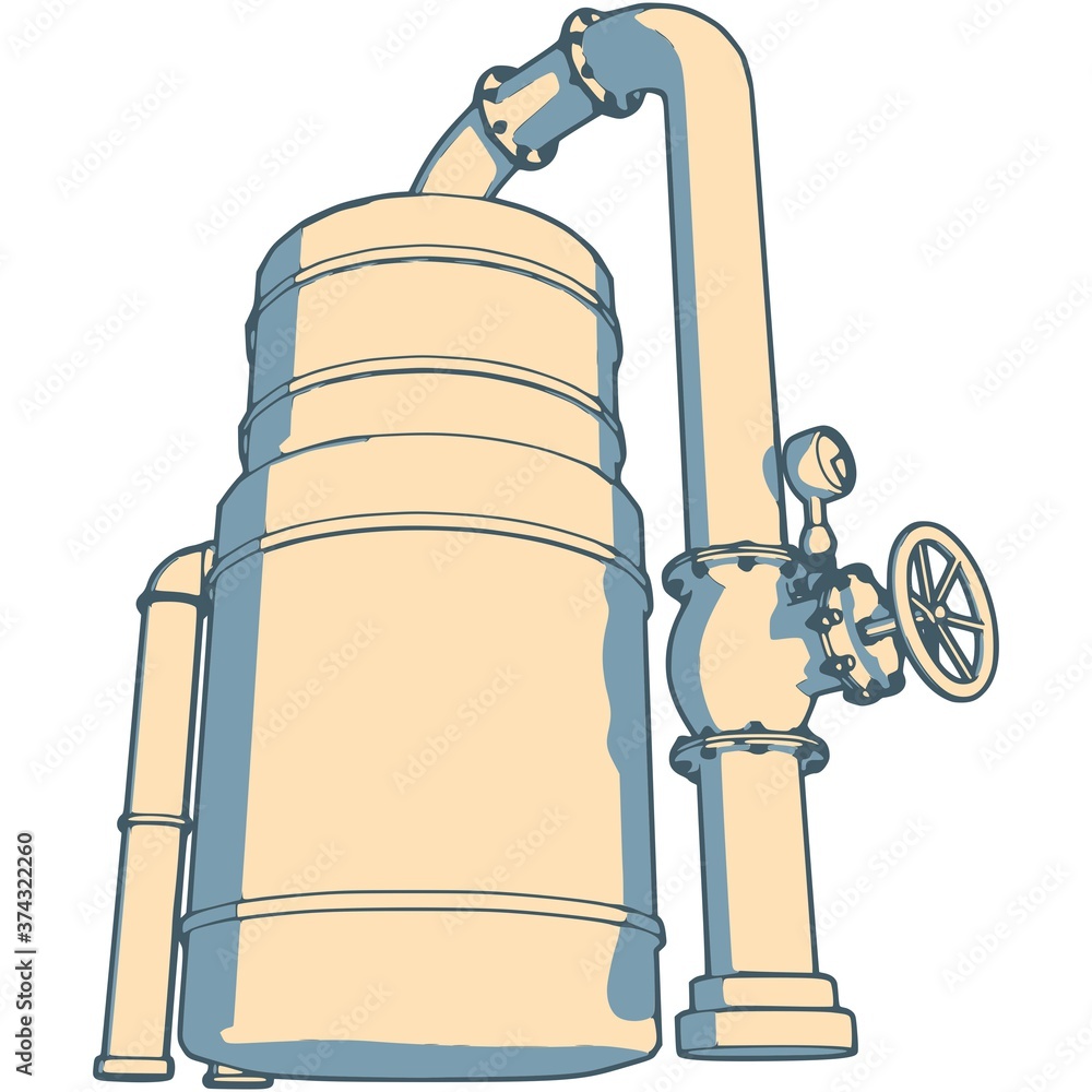 industrial vertical cylinder pressure vessel connect upper pipe support and valve on the right side isolated vector illustration