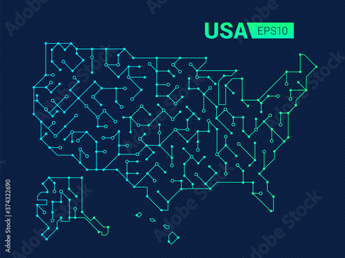 Abstract futuristic map of Usa. Electric circuit of the country. Technology background. 