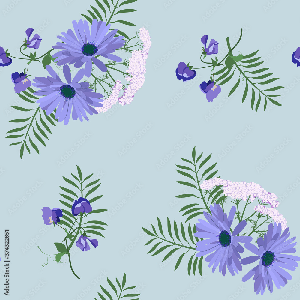 Seamless vector illustration with gerberas, sweet pea and leaves on a blue background.