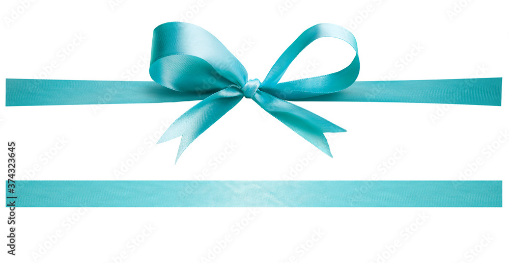 A Turquoise ribbon and bow Christmas, birthday and valentines day present decoration set isolated against a white background A Turquoise ribbon and bow Christmas, birthday and valentines day present decoration set isolated against a white background