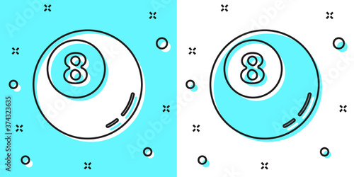 Black line Billiard pool snooker ball icon isolated on green and white background. Random dynamic shapes. Vector Illustration.