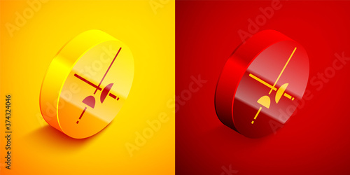 Isometric Fencing icon isolated on orange and red background. Sport equipment. Circle button. Vector Illustration.