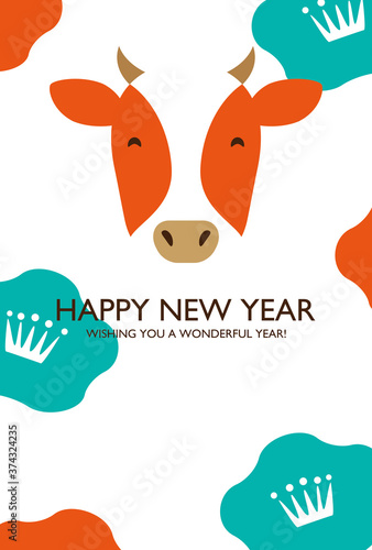 New Years Card Of Smiling Cow With Flowers