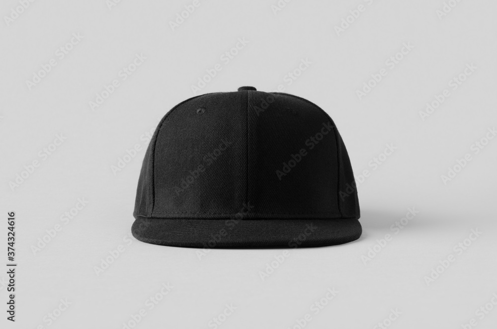 Black snapback cap mockup on a grey background, front view. - obrazy, fototapety, plakaty 