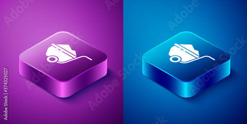 Isometric Wheelbarrow with dirt icon isolated on blue and purple background. Tool equipment. Agriculture cart wheel farm. Square button. Vector Illustration.